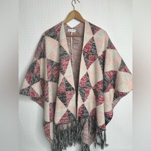 Sweater Wrap with Tassels One Size Pink Red Geo Print